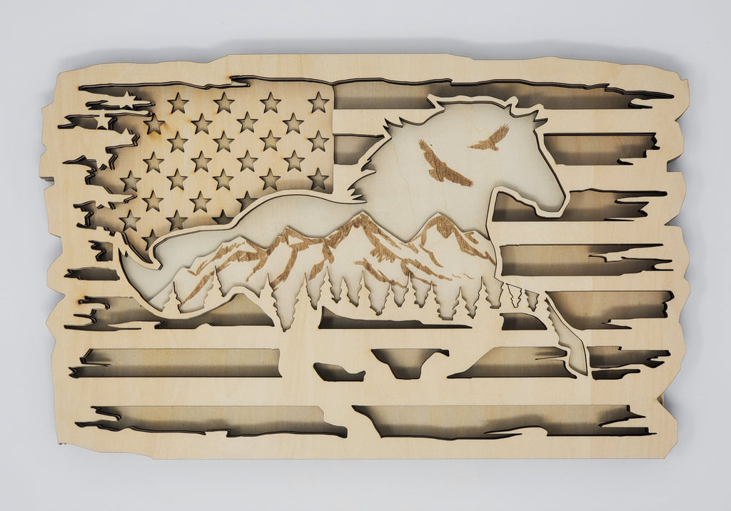 American Flag Horse Layered Wooden Art