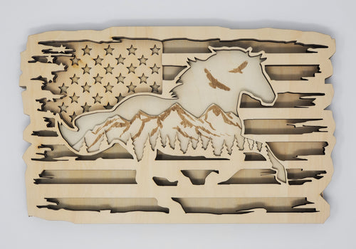 American Flag Horse Layered Wooden Art